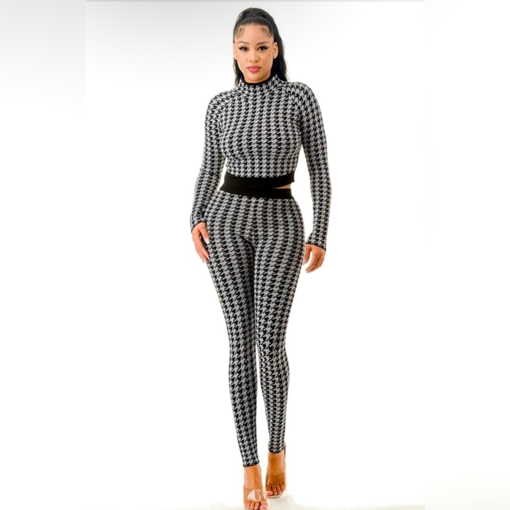 Gray/Black Houndstooth Soft Knit Casual Set Turtleneck Top/Pants Long Sleeve